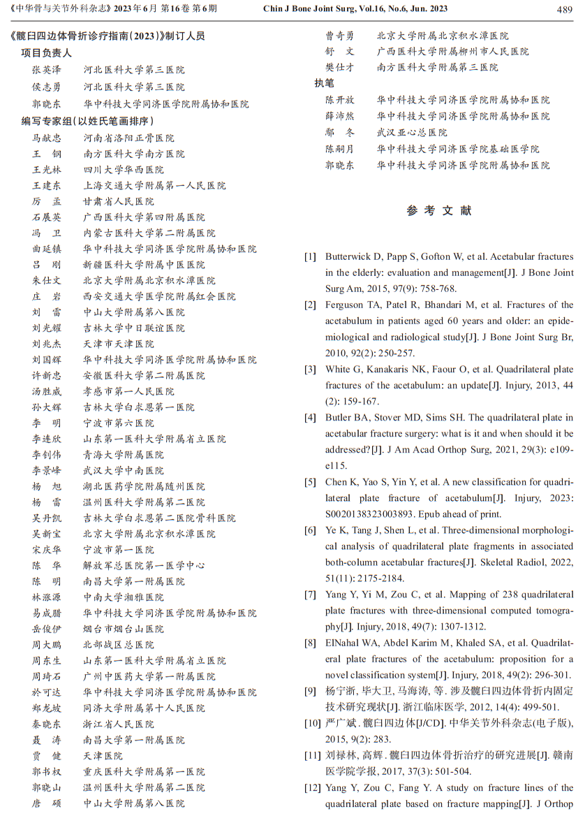 髋臼四边体骨折临床诊疗指南（2023版）